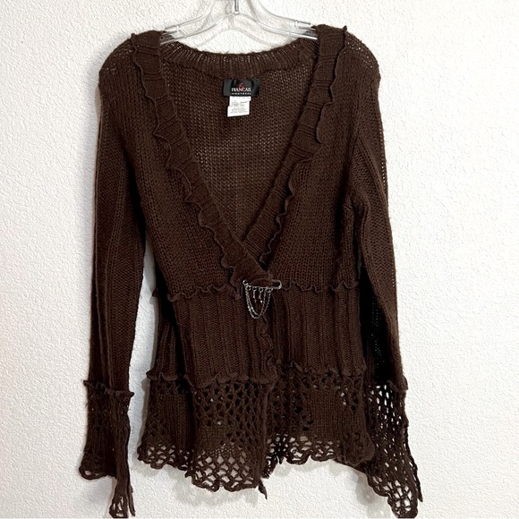 Francis Montreal Such Brown Crochet Front Wrap Whimsical Boho Cardigan Medium - Picture 1 of 12